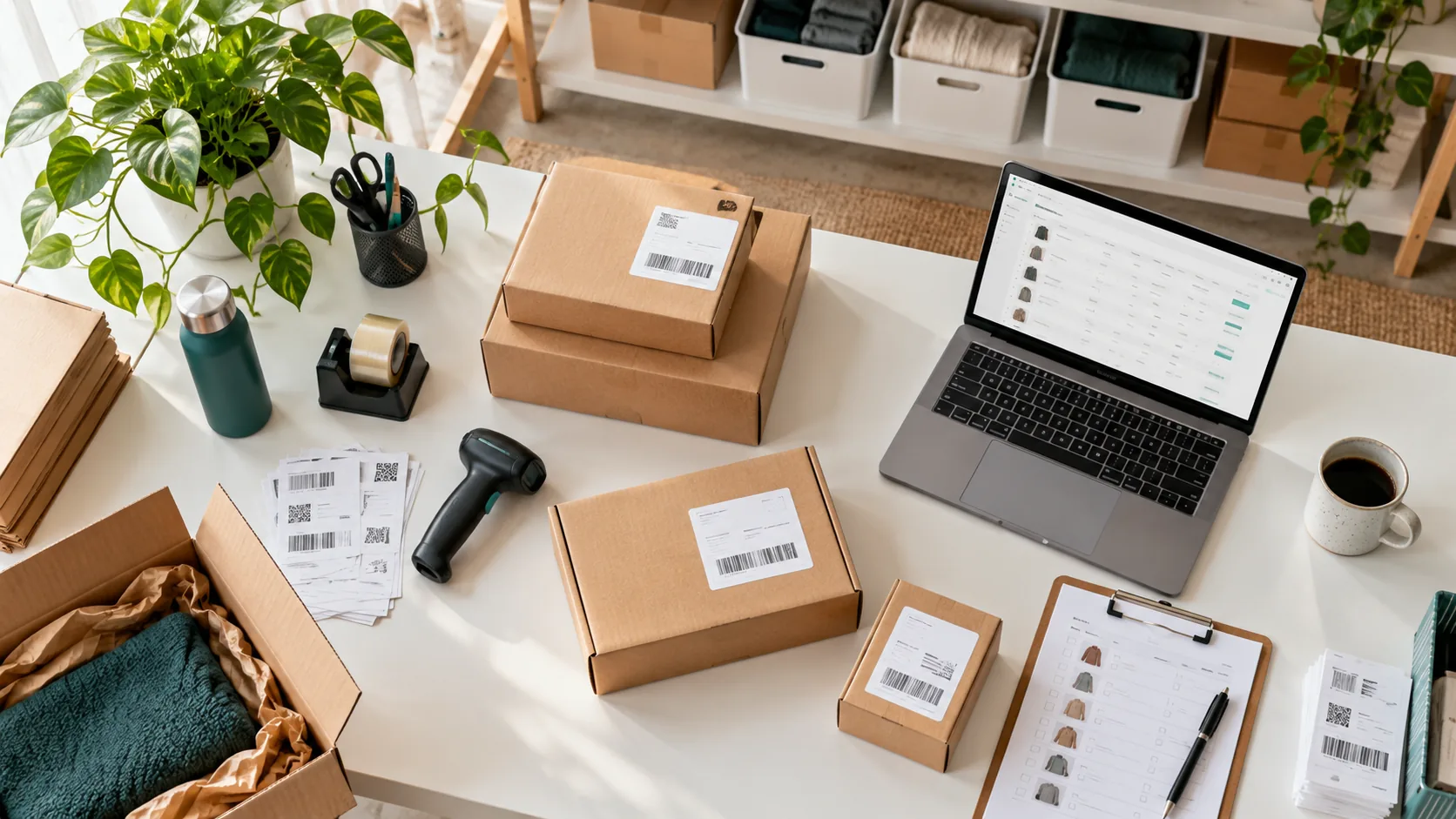 An organised eCommerce inventory and packing workspace